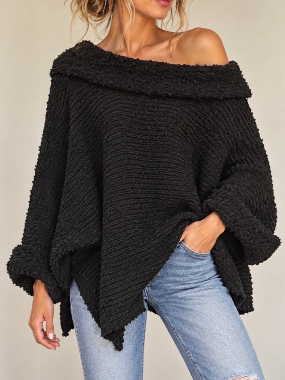 POL Black Oversized Chenille Knit Boho Sweater